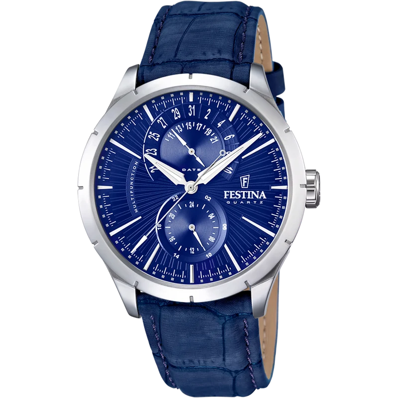 Festina Retro F16573/7 Herrenuhr Blau • Blaues Lederarmband • Multifunktion Quarzwerk