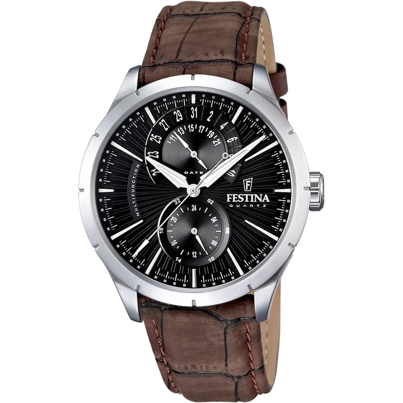 Festina F16573/4 Herrenuhr Multifunktion • Stahlgehäuse mit Mineralglas • Braunes Lederarmband