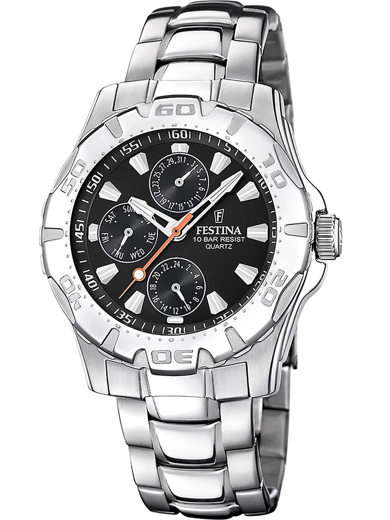 Festina Sport F16242/L Herrenuhr • Schwarzes Zifferblatt mit Datum & Tag • Edelstahlarmband