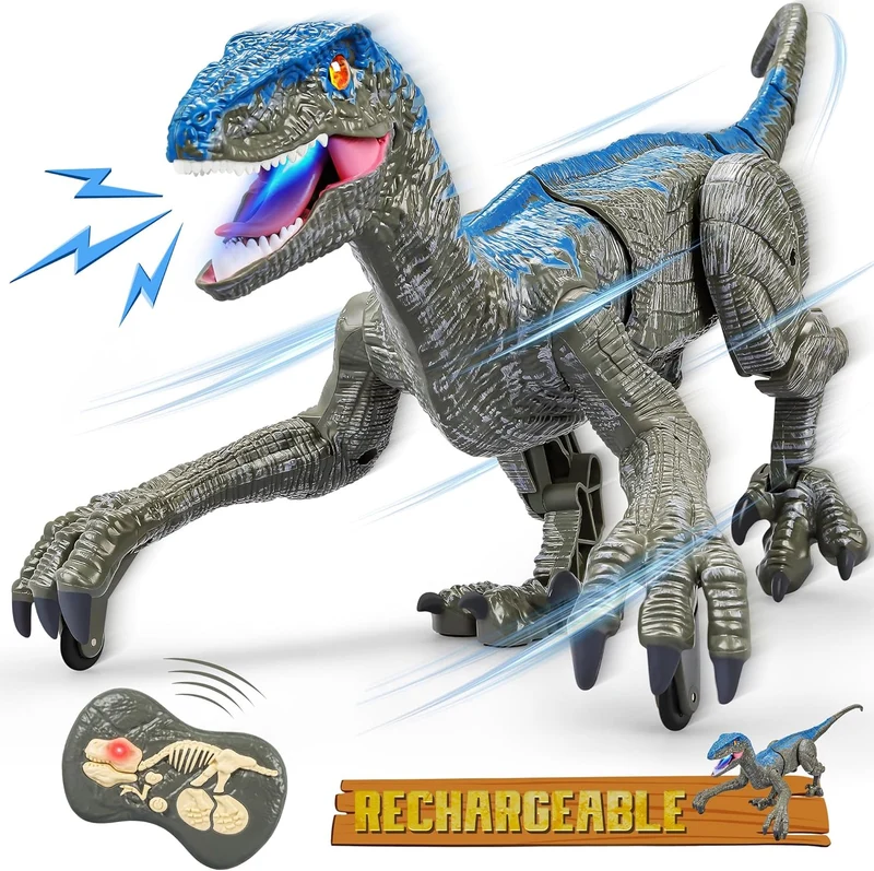 Bestuurbare Dinosaurus Robot Velociraptor met Afstandsbediening 45cm Grijs Geel Speelgoed voor Kinderen | Sansoti