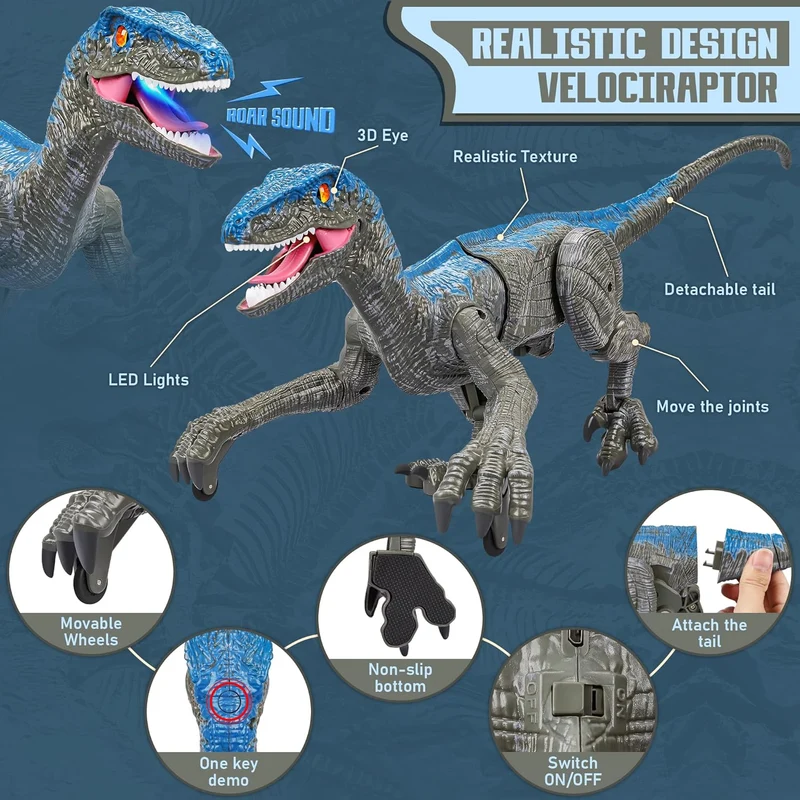 Bestuurbare Dinosaurus Robot Velociraptor met Afstandsbediening 45cm Grijs Geel Speelgoed voor Kinderen | Sansoti