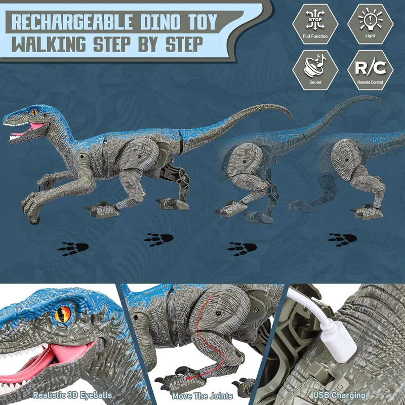Bestuurbare Dinosaurus Robot Velociraptor met Afstandsbediening 45cm Grijs Geel Speelgoed voor Kinderen | Sansoti