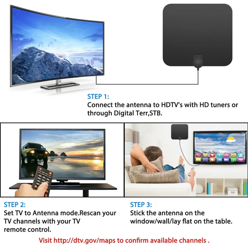 Digitale TV-Antenne Binnen 480km Bereik met Signaalversterker HDTV Ontvanger Ultradun Design 4K HD Kwaliteit | Sansoti