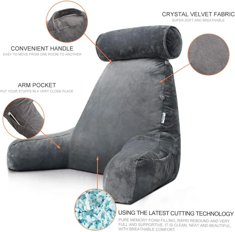 Ergonomisch Leeskussen met Armleuningen 75x45cm Fluweel Verstelbaar Bed Bank Rugsteun Comfort Ontspanning | Sansoti