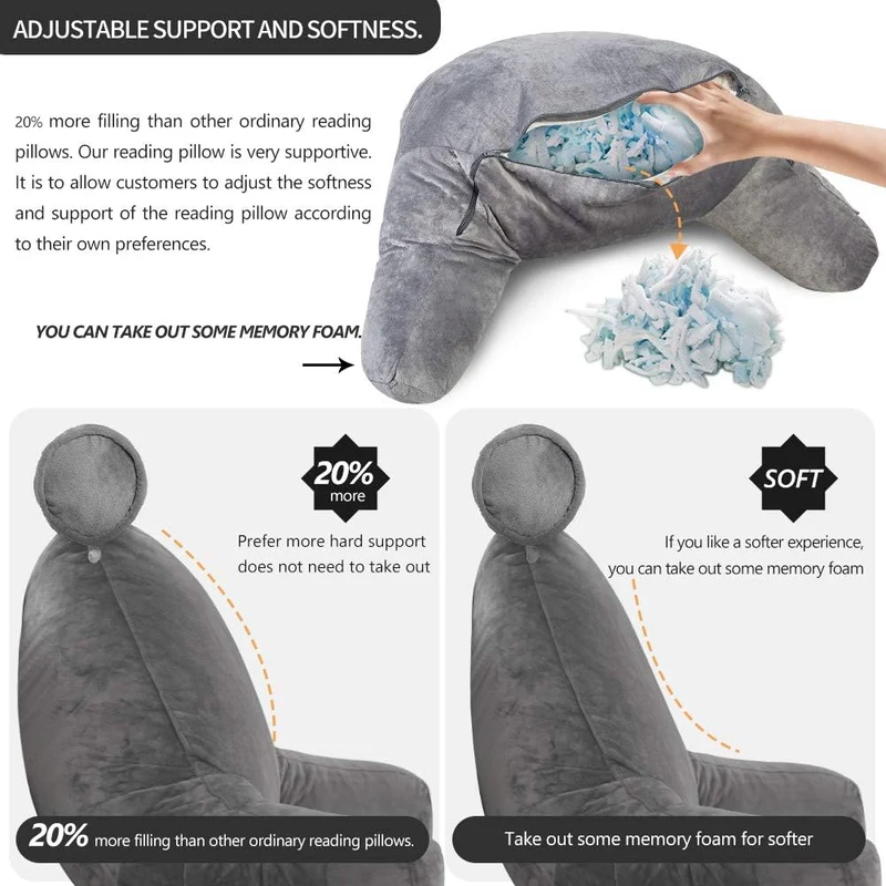 Ergonomisch Leeskussen met Armleuningen 75x45cm Fluweel Verstelbaar Bed Bank Rugsteun Comfort Ontspanning | Sansoti