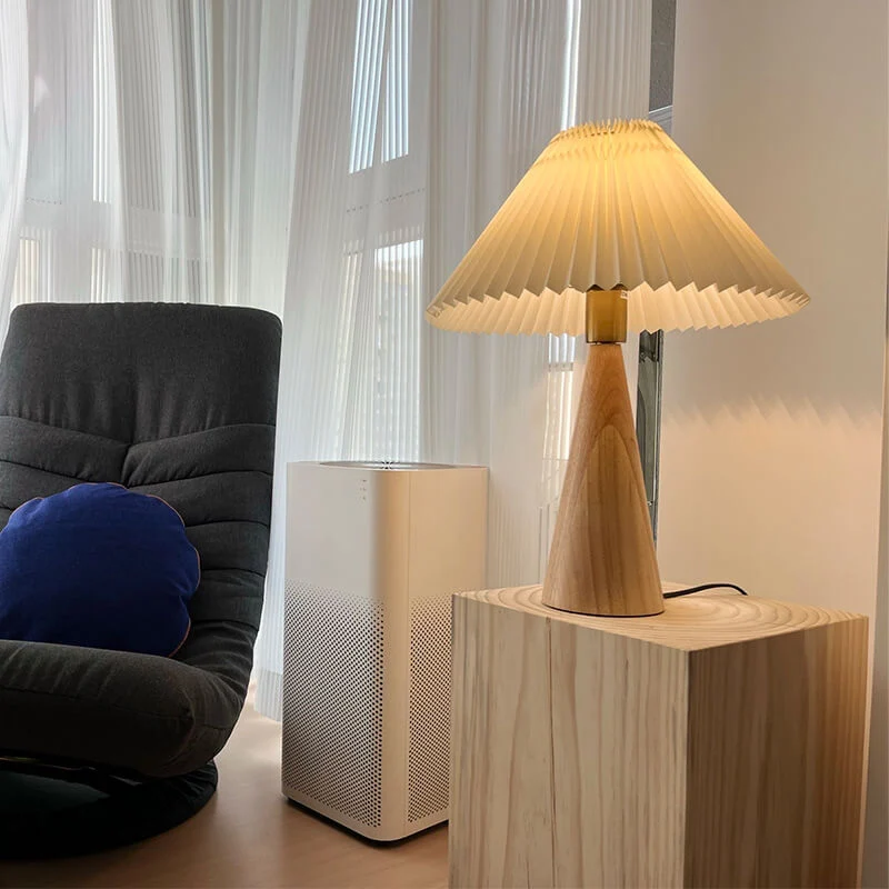 Tafellamp Hout Japans Minimalistisch Geplooide Kap 48cm LED | Sansoti