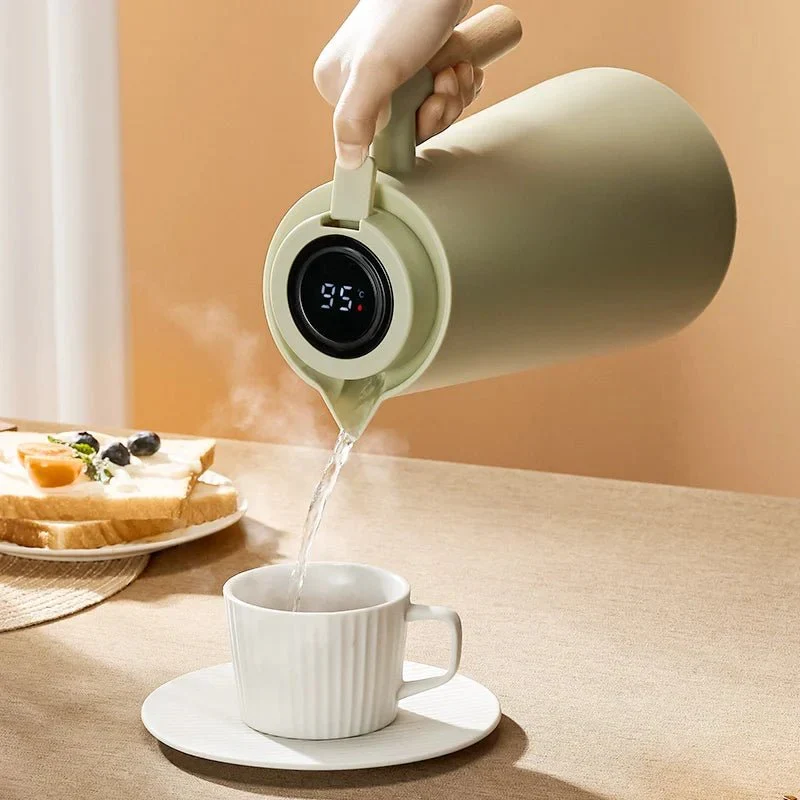 Thermoskan Met Temperatuur Display 1 Liter Houten Handvat Lekvrij | Sansoti