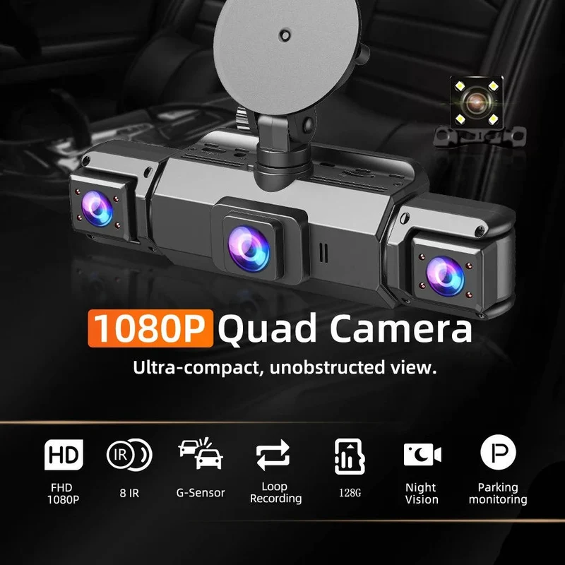 Draadloze Dashcam 4 Camera's 1920P HD Nachtzicht Parkeerbewaking WiFi App Bestuurder Voor Achter Auto | Sansoti