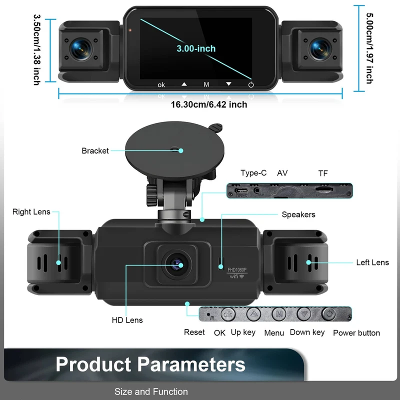 Draadloze Dashcam 4 Camera's 1920P HD Nachtzicht Parkeerbewaking WiFi App Bestuurder Voor Achter Auto | Sansoti