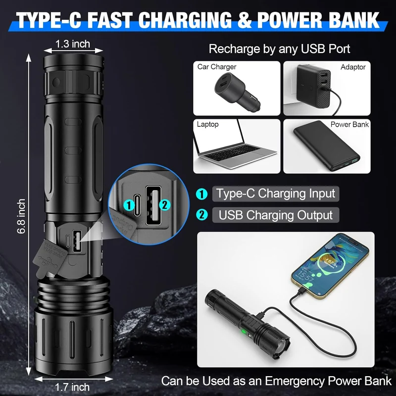 Oplaadbare LED Zaklamp 100000 Lumen met Powerbank Functie Waterdicht Aluminium voor Camping Outdoor Wandelen | Sansoti