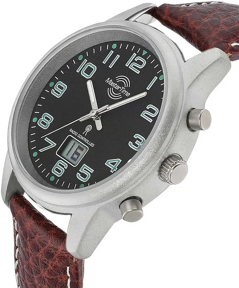 Master Time Super Power MTLA-10762-22L Damenuhr • Funk-Präzision • Braunes Leder