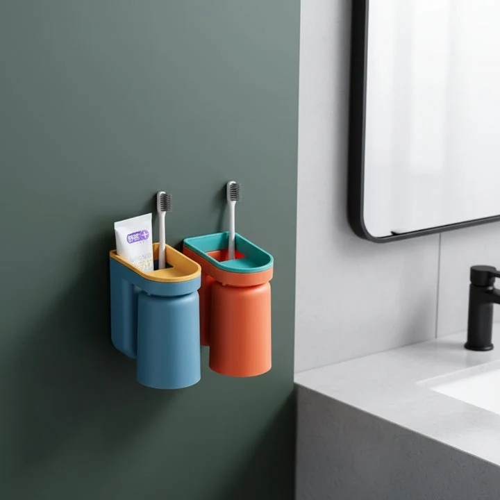 Tandenborstelhouder Wand ABS Kunststof 11.5x7x12.5cm Badkamer Zelfklevend Zonder Boren Hygiënisch Opbergen Wastafel Organizer Oranje Blauw Groen Geel | Sansoti