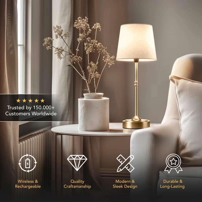 Tafellamp Oplaadbaar Draadloos Goud Wit Kap 40cm USB-C Touch Dimbaar Slaapkamer Woonkamer | Sansoti
