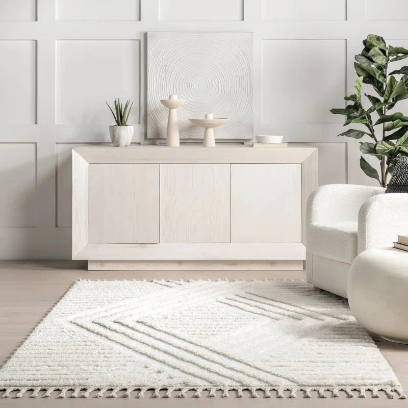 Japandi Vloerkleed Hoogpolig Geometrisch Franjes Creme Polypropeen Woonkamer Slaapkamer | Sansoti
