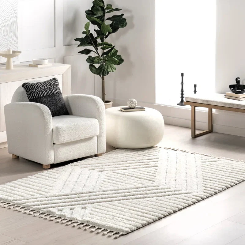 Japandi Vloerkleed Hoogpolig Geometrisch Franjes Creme Polypropeen Woonkamer Slaapkamer | Sansoti