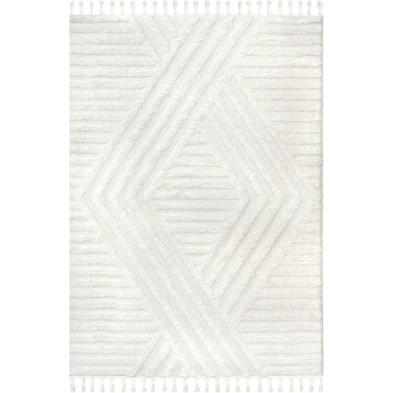 Japandi Vloerkleed Hoogpolig Geometrisch Franjes Creme Polypropeen Woonkamer Slaapkamer | Sansoti