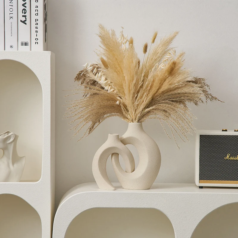 Japandi Vaas Keramiek Mat Dubbele Opening Droogbloemen 22cm Woonkamer Scandinavisch | Sansoti