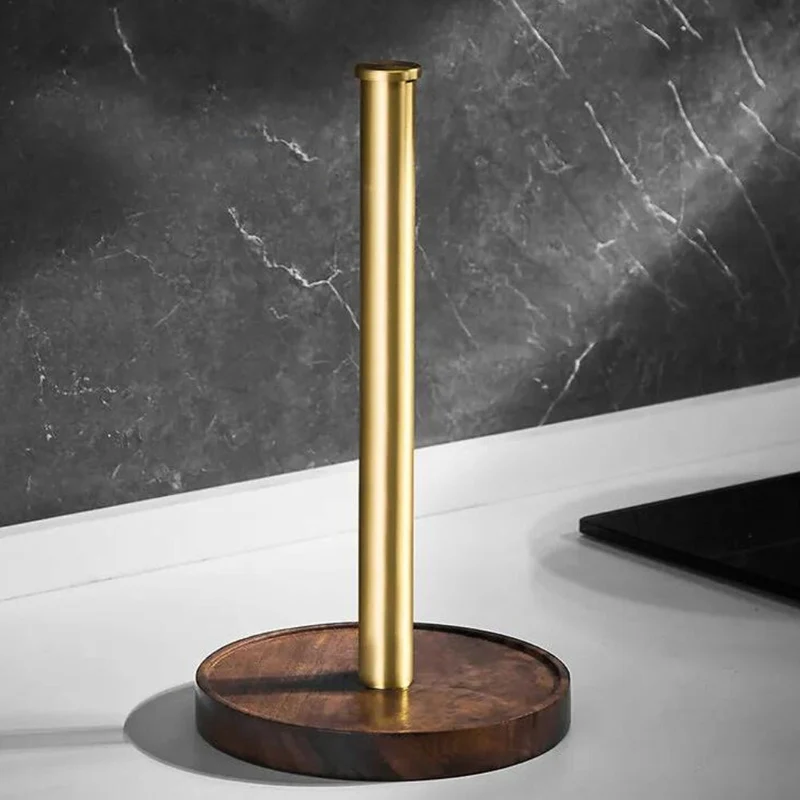 Keukenrolhouder Walnoot Hout Goud RVS 27cm Aanrecht | Keukenpapier Houder Staand Luxe Keuken | Sansoti