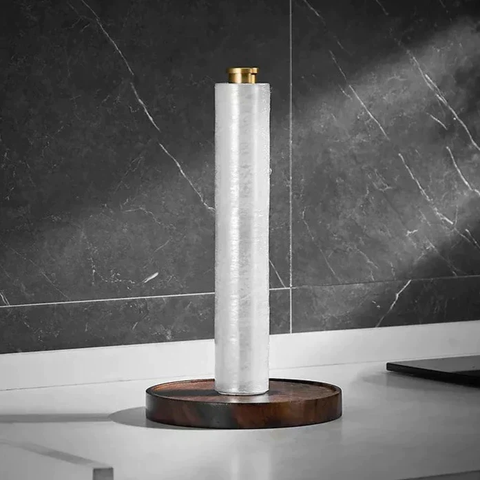 Keukenrolhouder Walnoot Hout Goud RVS 27cm Aanrecht | Keukenpapier Houder Staand Luxe Keuken | Sansoti