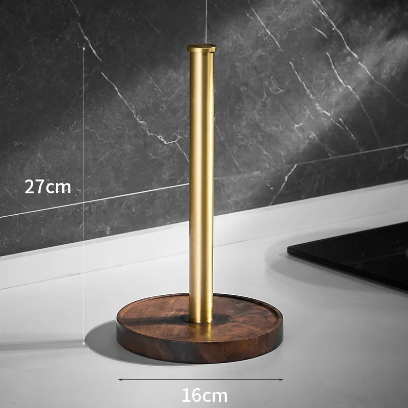 Keukenrolhouder Walnoot Hout Goud RVS 27cm Aanrecht | Keukenpapier Houder Staand Luxe Keuken | Sansoti