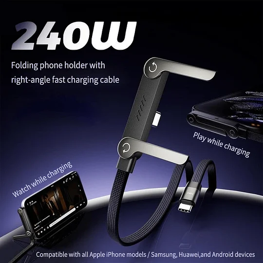 Oplaadkabel USB-C met Telefoonstandaard 240W Snelladen | 1,5m Gevlochten Nylon Gaming Videobellen Laadkabel | Sansoti