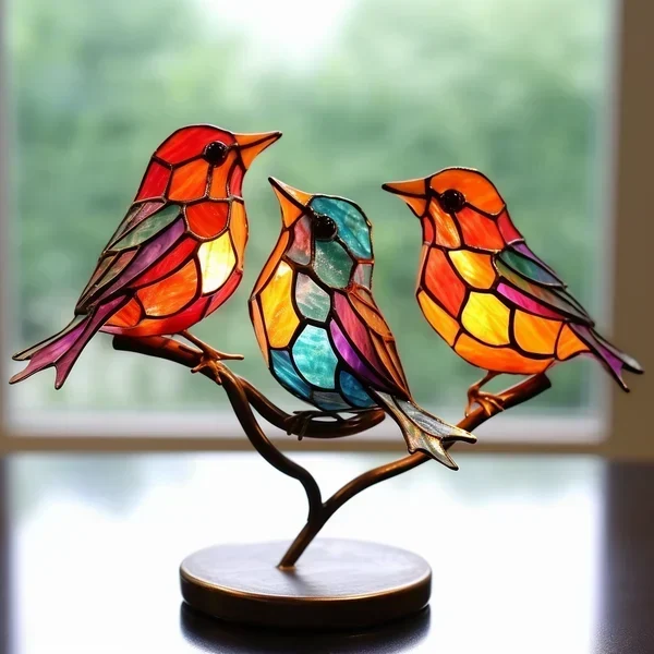 Glazen Vogelsculptuur met Kleurrijke Takken voor Tafel en Kast Decoratie Natuurinspiratie Sfeervolle Woonkamer | Sansoti