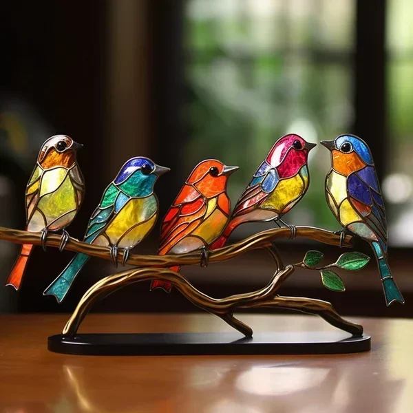 Glazen Vogelsculptuur met Kleurrijke Takken voor Tafel en Kast Decoratie Natuurinspiratie Sfeervolle Woonkamer | Sansoti
