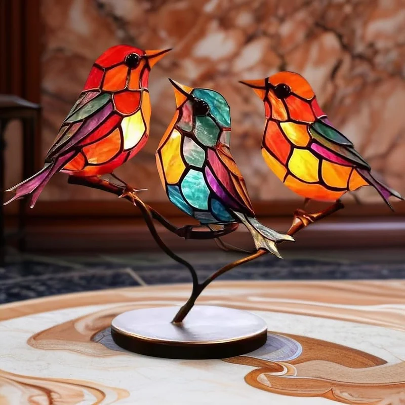 Glazen Vogelsculptuur met Kleurrijke Takken voor Tafel en Kast Decoratie Natuurinspiratie Sfeervolle Woonkamer | Sansoti