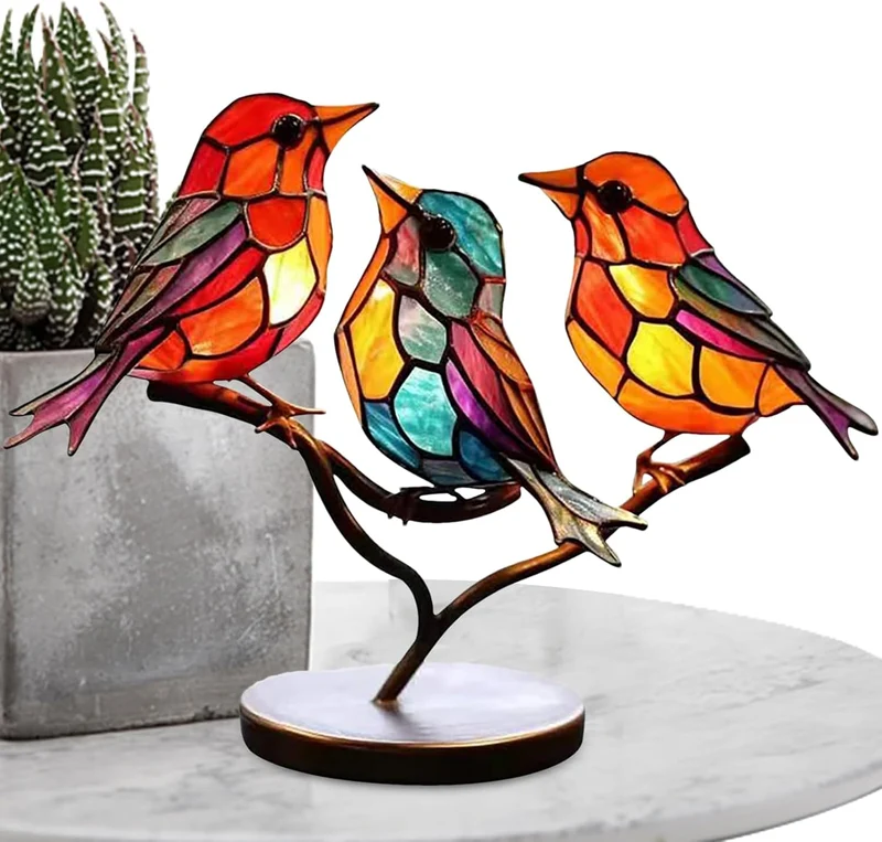 Glazen Vogelsculptuur met Kleurrijke Takken voor Tafel en Kast Decoratie Natuurinspiratie Sfeervolle Woonkamer | Sansoti