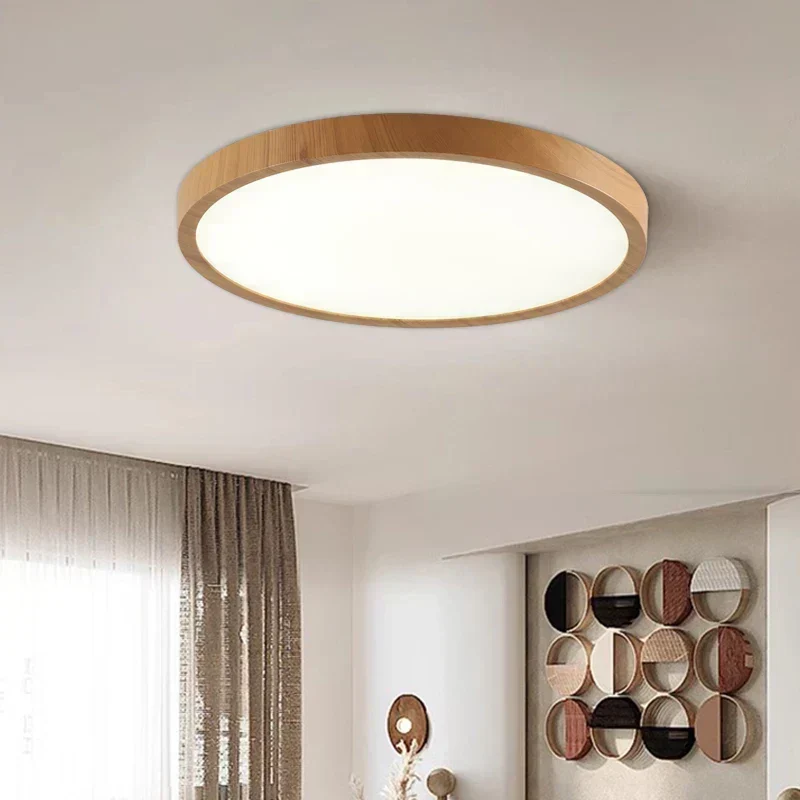 Ronde Plafondlamp Houtlook LED Dimbaar Ultra Plat Design Woonkamer Slaapkamer Scandinavische Verlichting | Sansoti