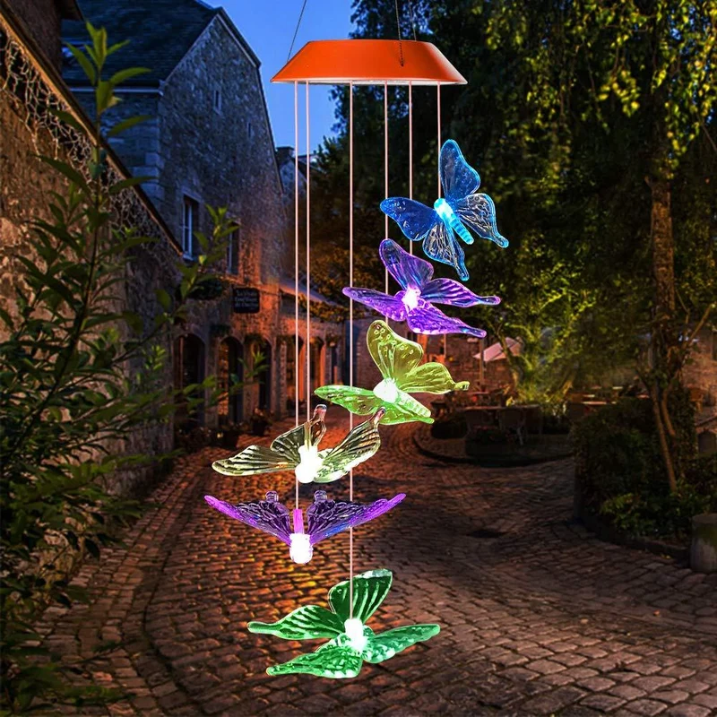 Solar Tuinlamp Vlinders Hangend LED 7 Kleuren Kleurwisselend Tuin Terras Windgong Sfeerverlichting Buiten Decoratie | Sansoti
