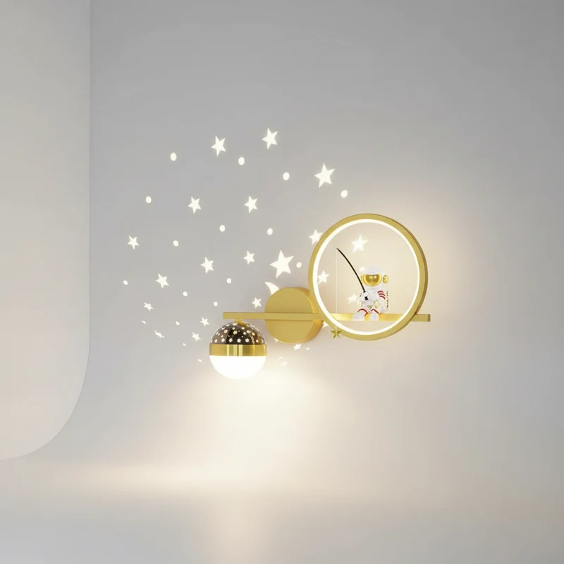 Wandlamp Kinderkamer Astronaut LED Goud Sterren Maan Nachtlamp Jongens Meisjes Babykamer Wandlicht Ruimtevaart Sfeerlamp | Sansoti