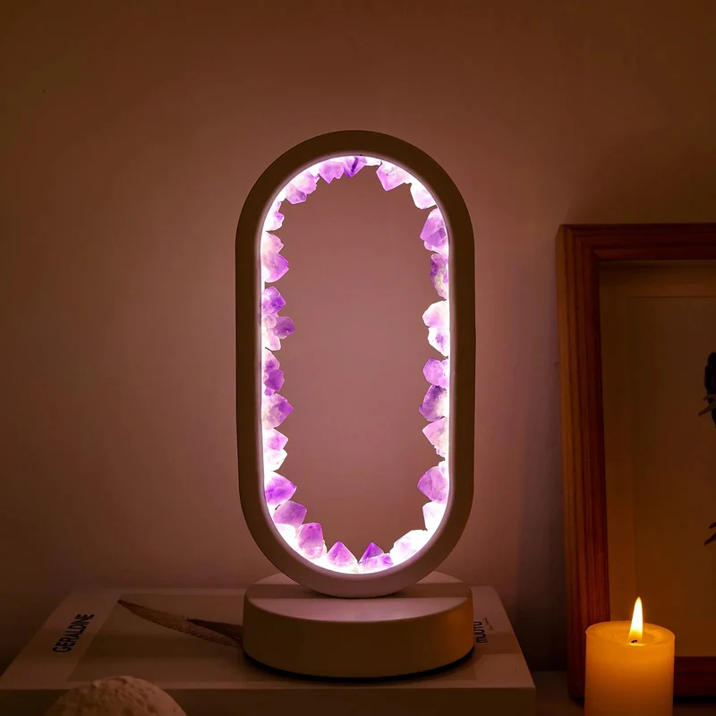 Tafellamp Amethist Handgemaakt Natuurkristal LED E14 Paars Roze Sfeer Slaapkamer Meditatie Yoga Rustgevend Decoratie Innerlijke Rust | Sansoti