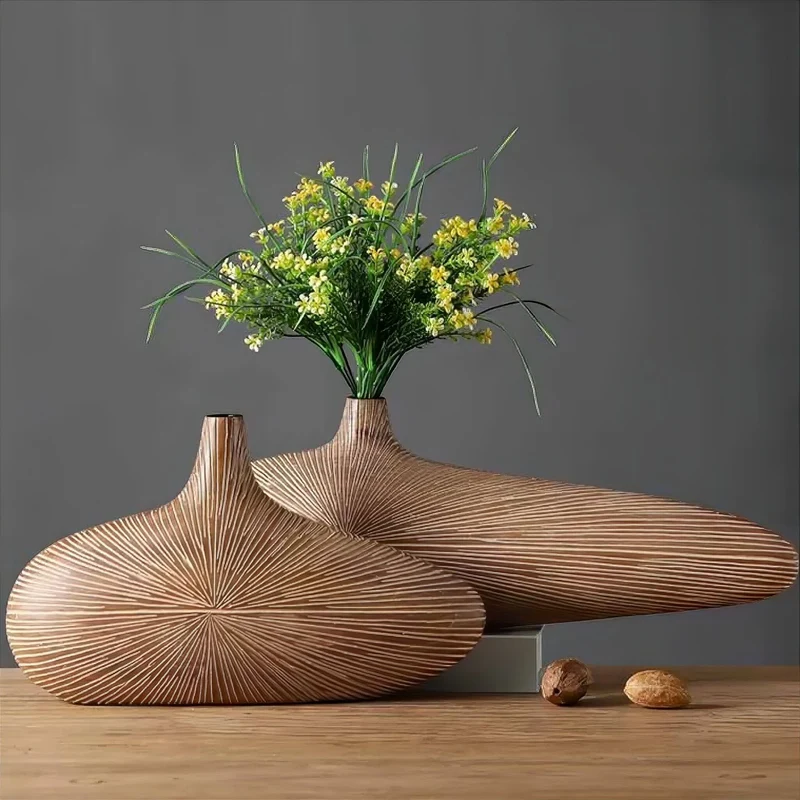 Decoratieve Vaas Houtlook Resin Ovaal Woonkamer Tafel | Sansoti