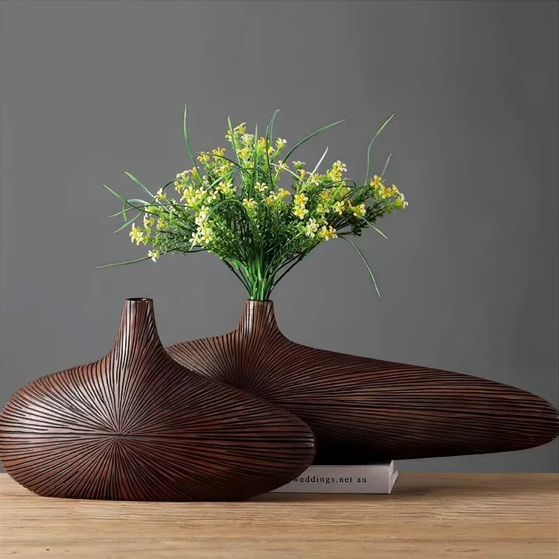 Decoratieve Vaas Houtlook Resin Ovaal Woonkamer Tafel | Sansoti
