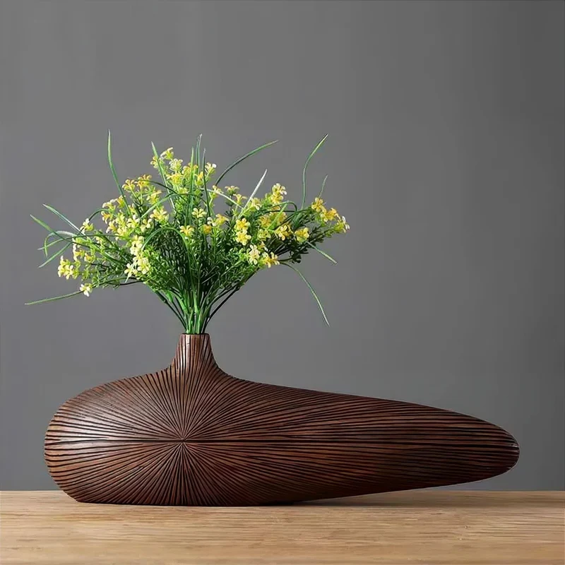 Decoratieve Vaas Houtlook Resin Ovaal Woonkamer Tafel | Sansoti