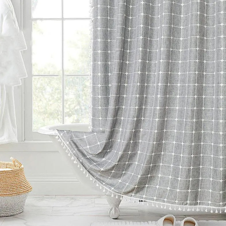 Douchegordijn Linnen Bohemian Waterproof Kwastjes 180x200cm Badkamer Beige Geruit