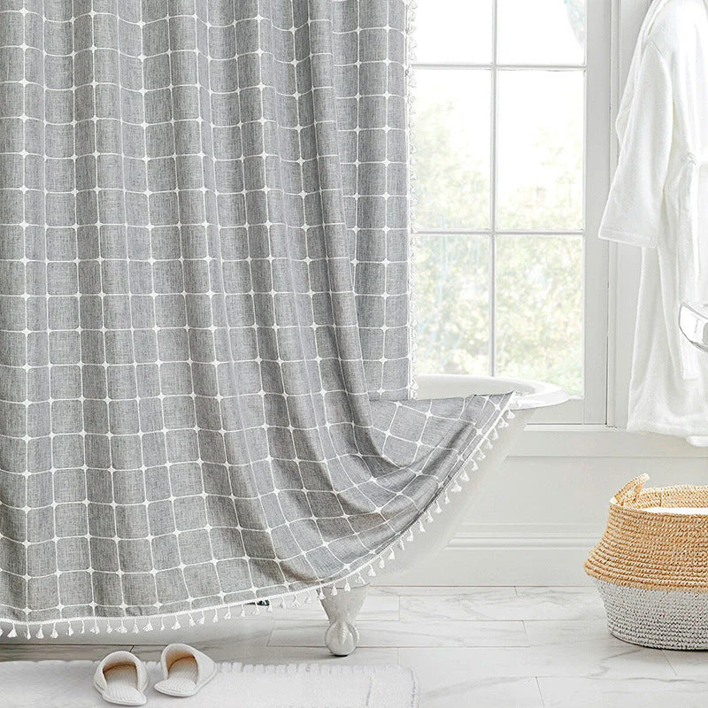 Douchegordijn Linnen Bohemian Waterproof Kwastjes 180x200cm Badkamer Beige Geruit
