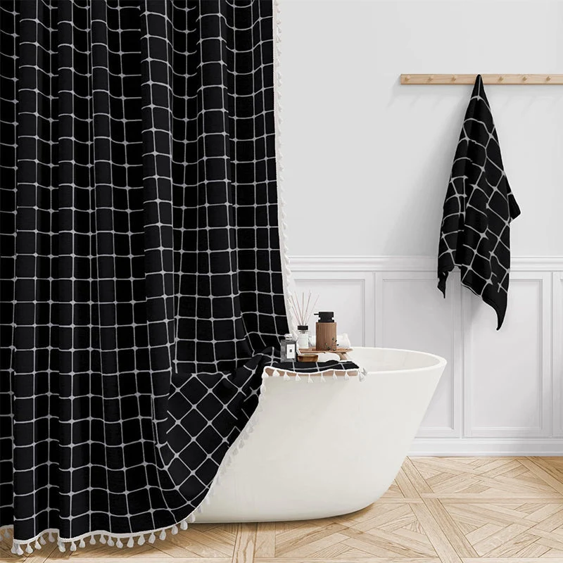 Douchegordijn Linnen Bohemian Waterproof Kwastjes 180x200cm Badkamer Beige Geruit