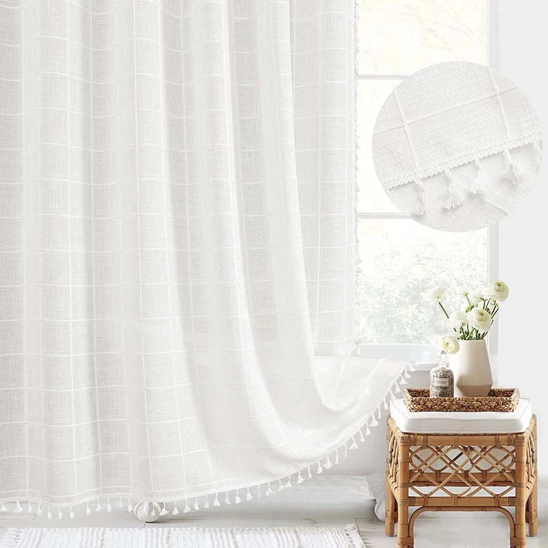 Douchegordijn Linnen Bohemian Waterproof Kwastjes 180x200cm Badkamer Beige Geruit