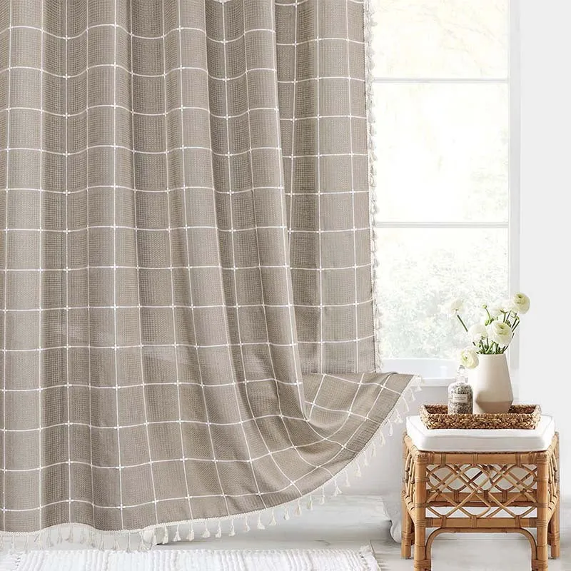 Douchegordijn Linnen Bohemian Waterproof Kwastjes 180x200cm Badkamer Beige Geruit