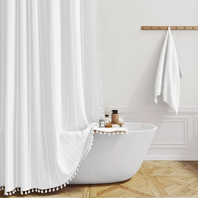 Douchegordijn Linnen Bohemian Waterproof Kwastjes 180x200cm Badkamer Beige Geruit