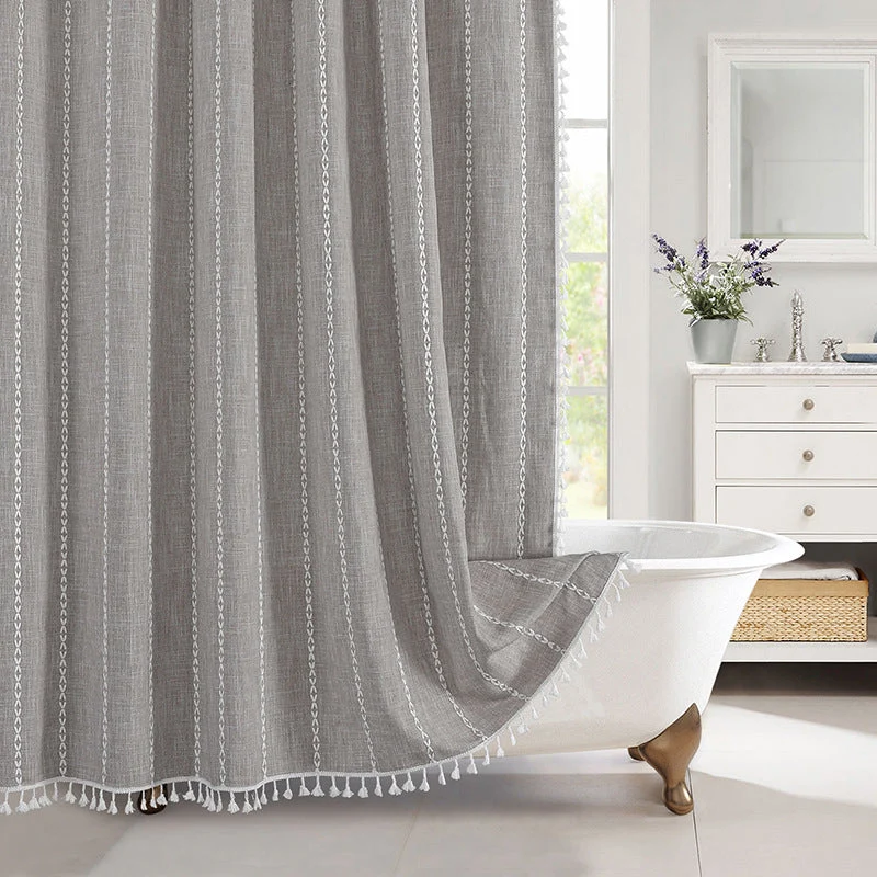Douchegordijn Linnen Bohemian Waterproof Kwastjes 180x200cm Badkamer Beige Geruit