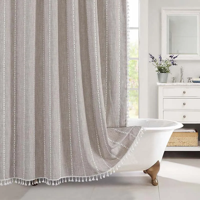 Douchegordijn Linnen Bohemian Waterproof Kwastjes 180x200cm Badkamer Beige Geruit