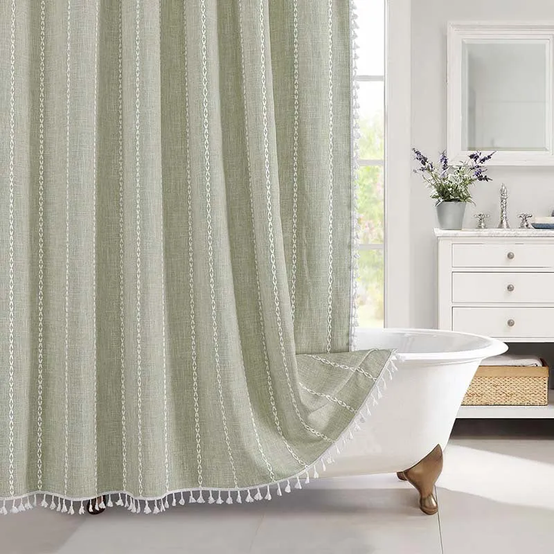 Douchegordijn Linnen Bohemian Waterproof Kwastjes 180x200cm Badkamer Beige Geruit