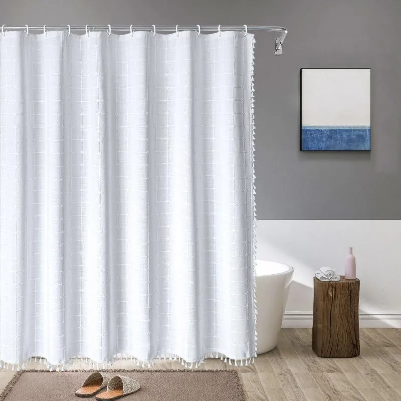 Douchegordijn Linnen Bohemian Waterproof Kwastjes 180x200cm Badkamer Beige Geruit