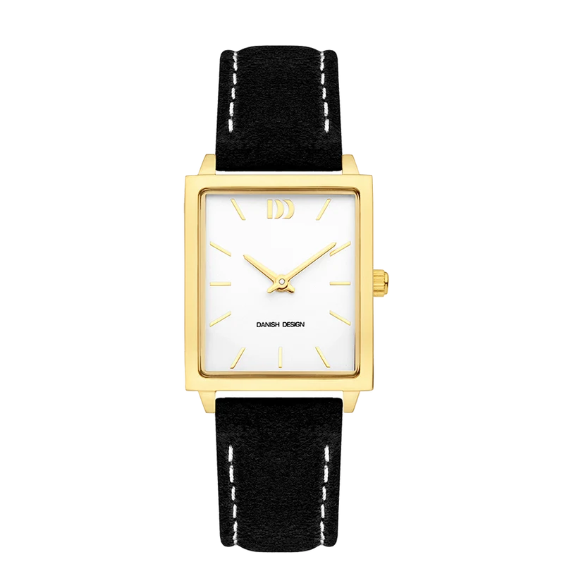 Danish Design Miami Stretch IV15Q1255 Damenuhr Silber/Gold • Rechteckiges Gehäuse • Lederarmband Schwarz