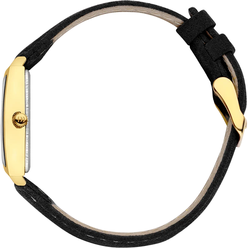 Danish Design Miami Stretch IV15Q1255 Damenuhr Silber/Gold • Rechteckiges Gehäuse • Lederarmband Schwarz