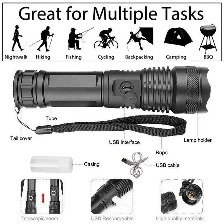 Oplaadbare LED Zaklamp 90000 Lumen Telescopisch USB Aluminium Waterdicht Buiten Camping Jacht Zoeklicht | Sansoti