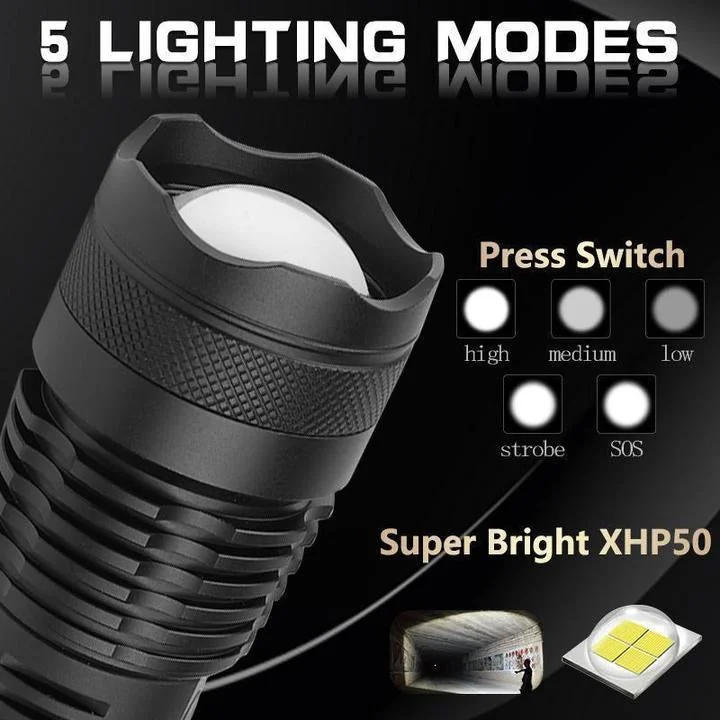 Oplaadbare LED Zaklamp 90000 Lumen Telescopisch USB Aluminium Waterdicht Buiten Camping Jacht Zoeklicht | Sansoti